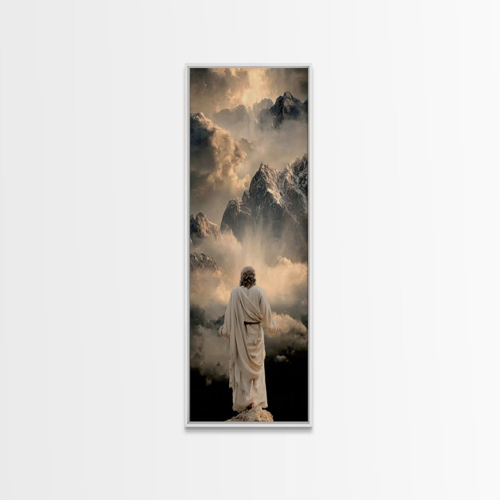 Sacred Summit Calm, Framed Canvas Print, Tall Skinny Art Print, Christian Wall Art, Christian Art Canvas, Jesus Painting, Christmas Art