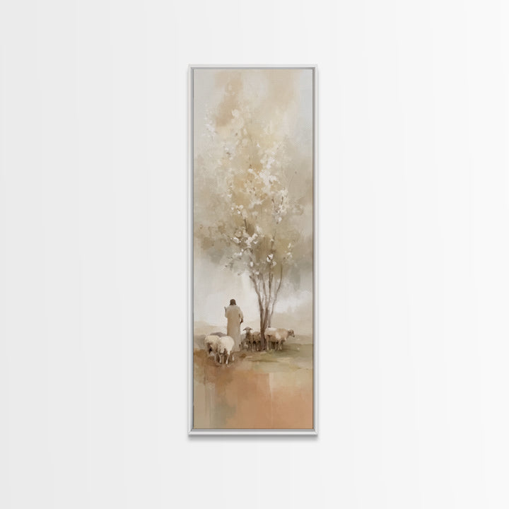 Quiet Pasture Blessing – Framed Canvas Print – Christian Art – Jesus Painting – Christian Wall Art – Narrow Art – Christian Christmas Art
