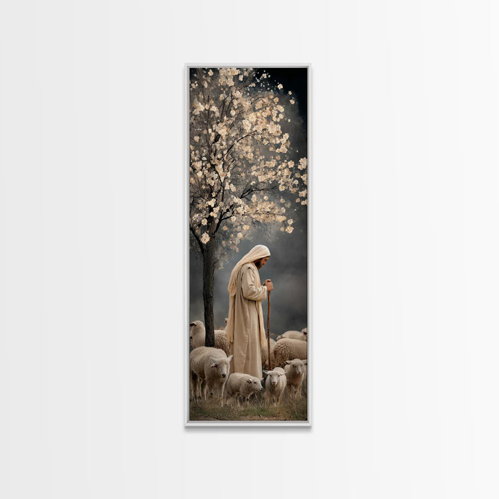 Night Shepherd Grace – Framed Canvas Print – Christian Wall Art – Christian Art – Jesus Painting – Christian Art Canvas – Skinny Art