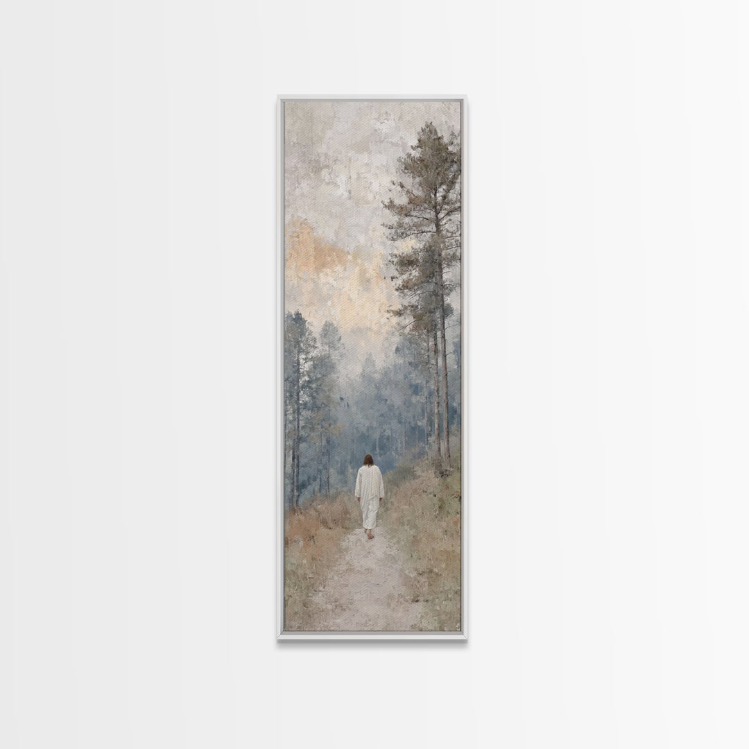 Forest Dawn Walk - Framed Canvas Print - Christian Art Canvas - Jesus Painting - Tall Skinny Art Print - Christian Wall Art