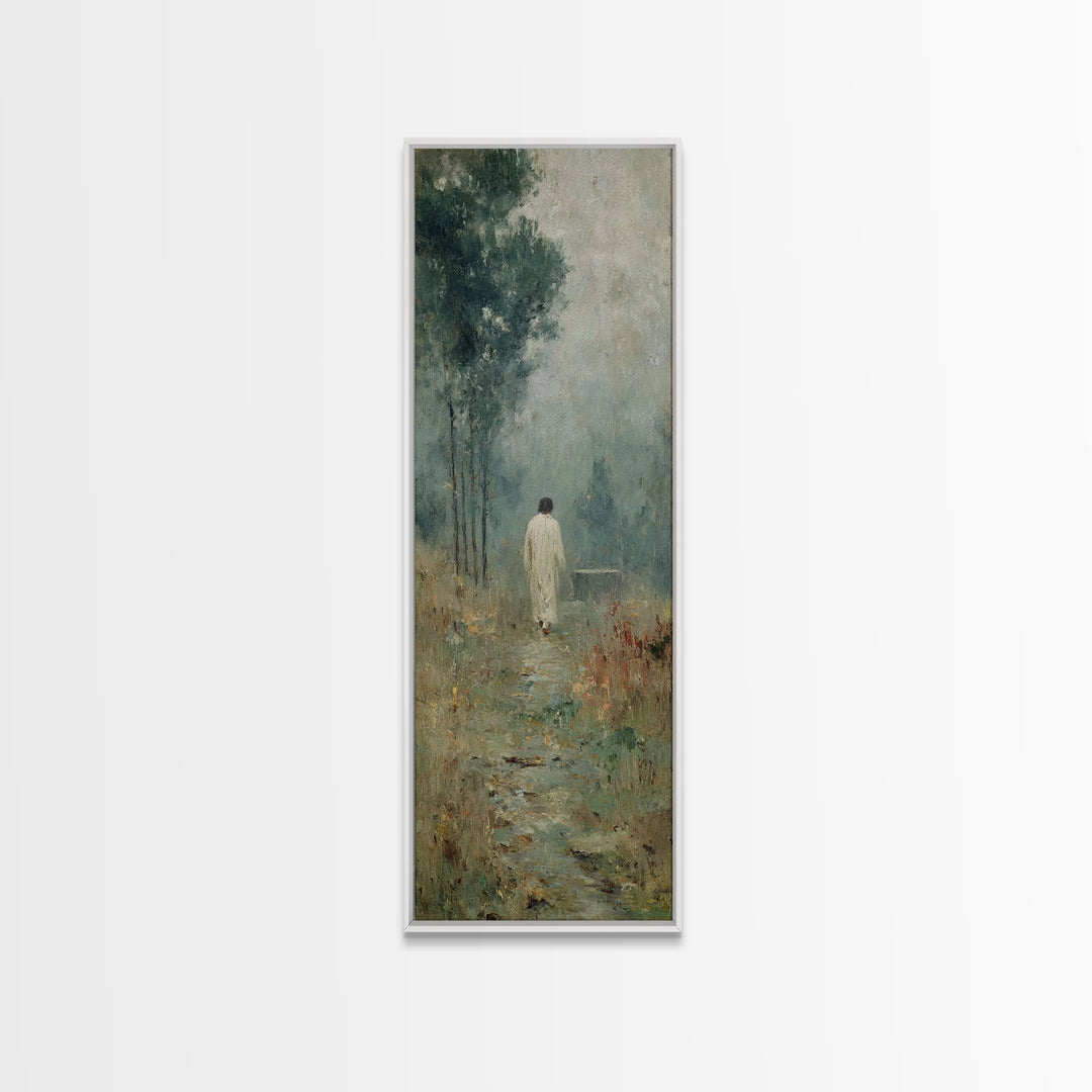 Quiet Meadow Walk, Framed Canvas Print, Christian Wall Art, Jesus Painting, Tall Skinny Art Print, Christian Art Canvas