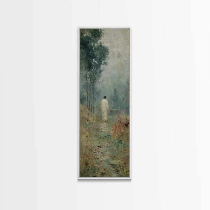Quiet Meadow Walk, Framed Canvas Print, Christian Wall Art, Jesus Painting, Tall Skinny Art Print, Christian Art Canvas
