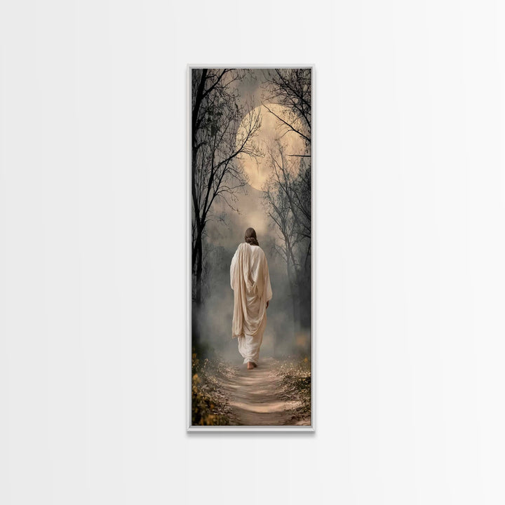 Moonlit Savior Path - Framed Canvas Print - Christian Wall Art - Jesus Painting - Tall Narrow Wall Art - Christian Art Canvas