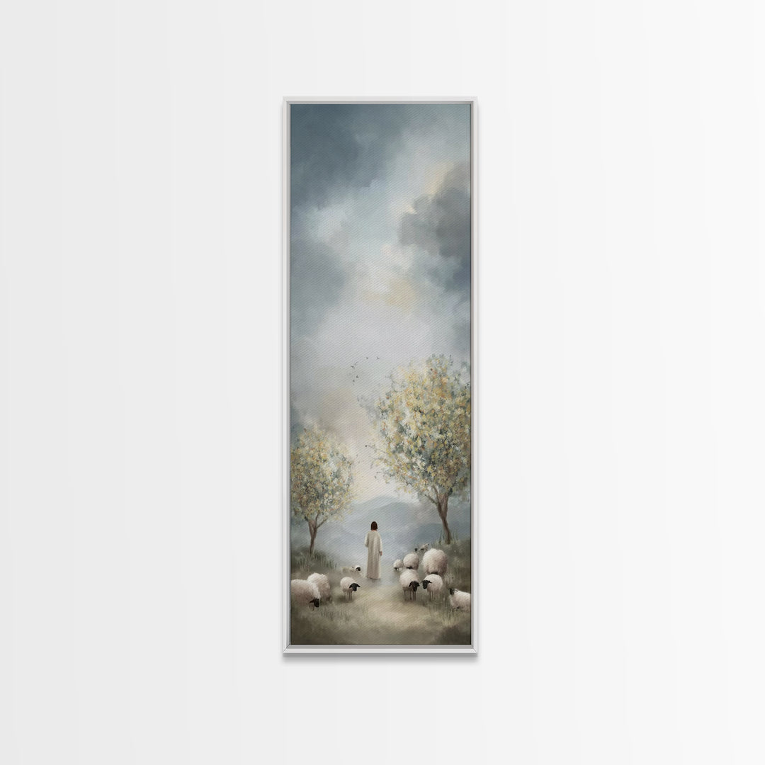 Peaceful Pasture Light – Framed Canvas Print – Tall Skinny Art Print – Christian Art Canvas – Christian Wall Art – Jesus Painting – Christi
