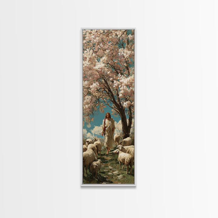 Garden Of The Shepherd – Framed Canvas Print – Narrow Art – Jesus Painting – Christian Wall Art – Christian Art Canvas – Christian Art