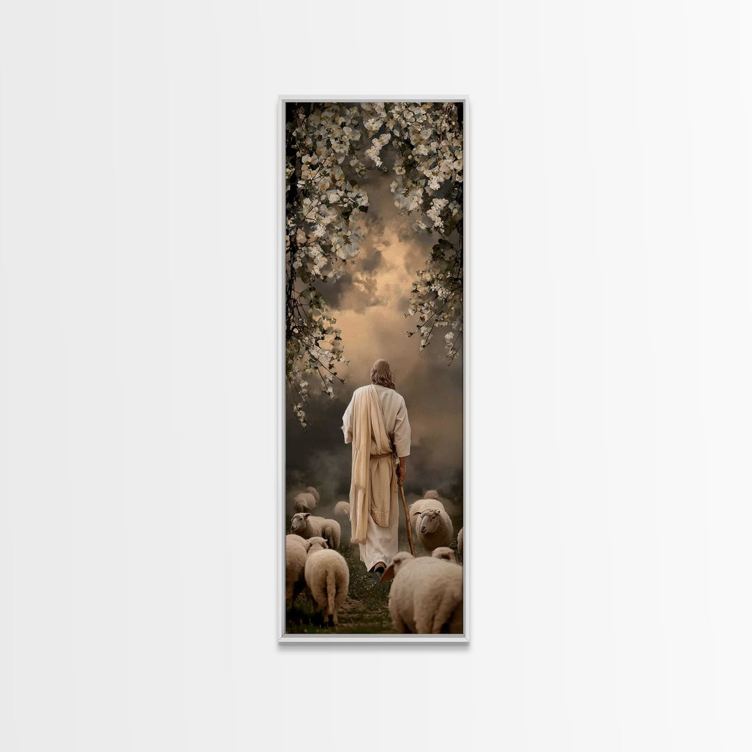 Evening Shepherd Watch – Framed Canvas Print – Tall Skinny Art Print – Christian Art Canvas – Christian Wall Art – Jesus Painting – Christi