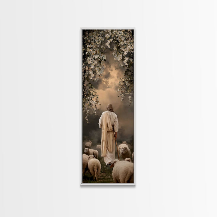 Evening Shepherd Watch – Framed Canvas Print – Tall Skinny Art Print – Christian Art Canvas – Christian Wall Art – Jesus Painting – Christi
