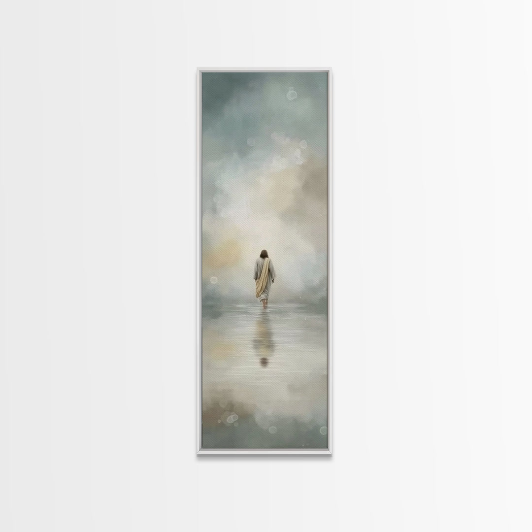 Heavenly Tide Walk – Framed Canvas Print – Christian Art Gift – Tall Narrow Wall Art – Jesus Painting Canvas – Subtle Christian Art – Chris