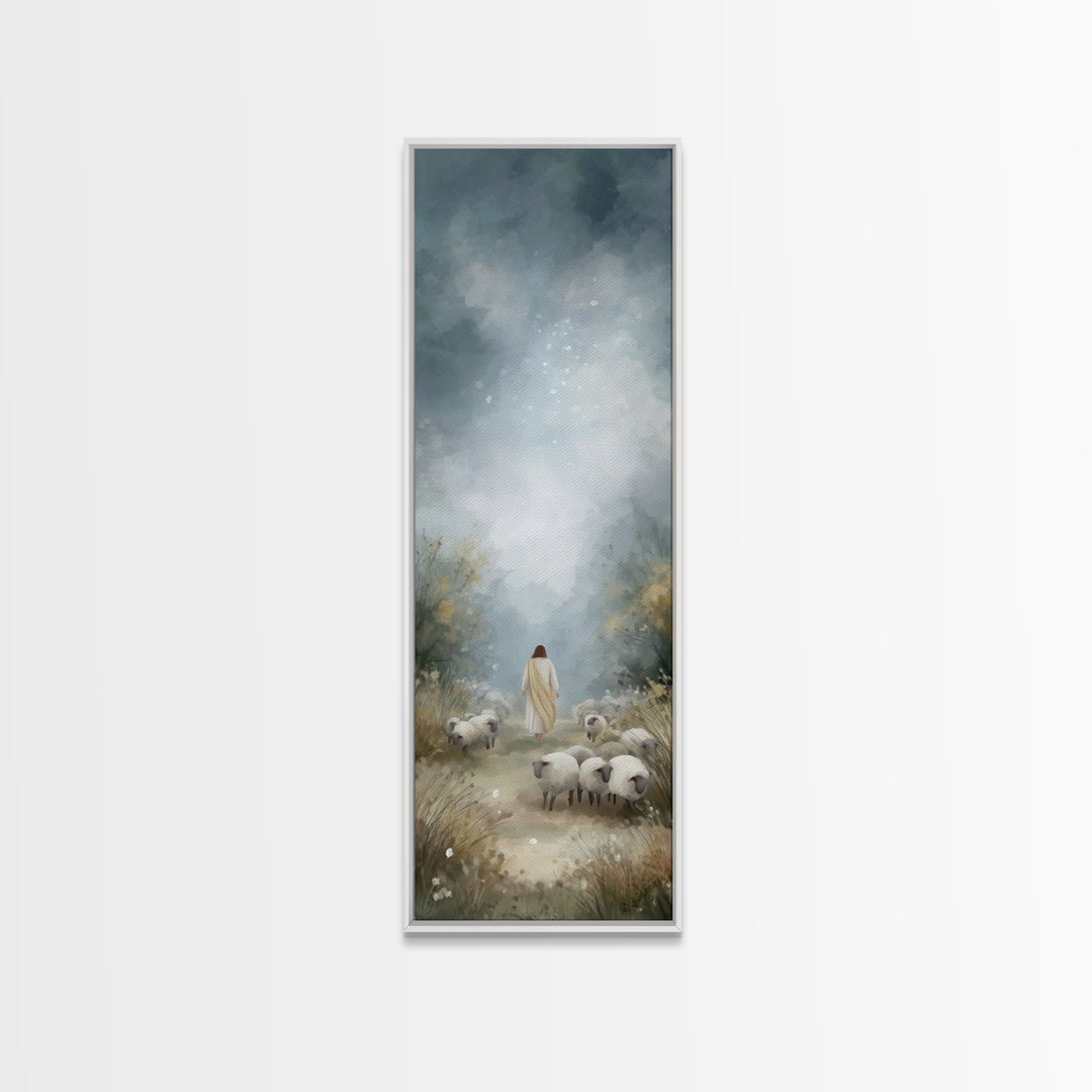 Heavenly Pasture Light, Framed Canvas Print, Tall Skinny Art Print, Christian Art Canvas, Christian Wall Art, Jesus Painting, Christmas Art