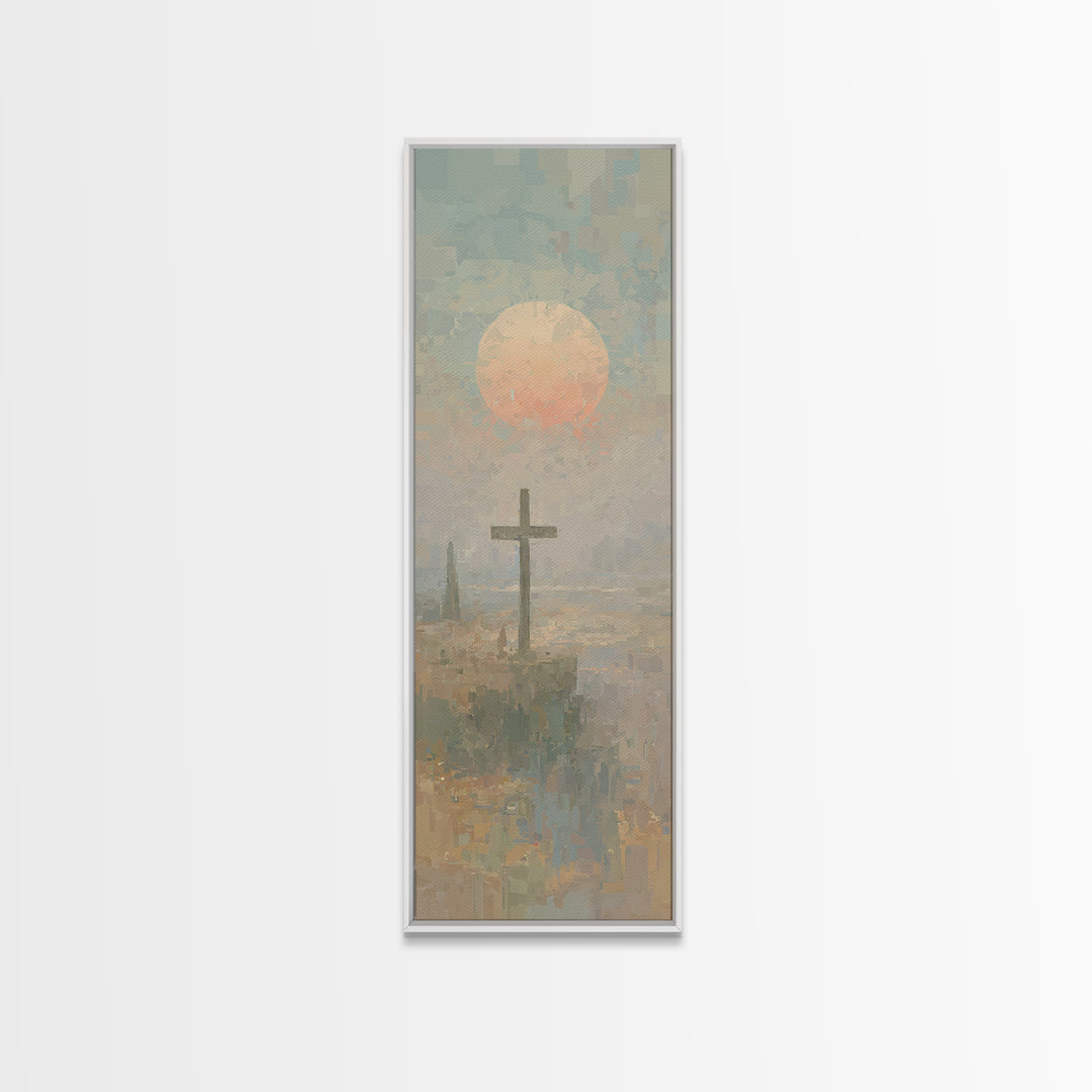 Cross Of Dawn, Framed Canvas Print, Narrow Art, Christian Wall Art, Abstract Christian Art, Christian Art Canvas, Modern Christian Art, Chr