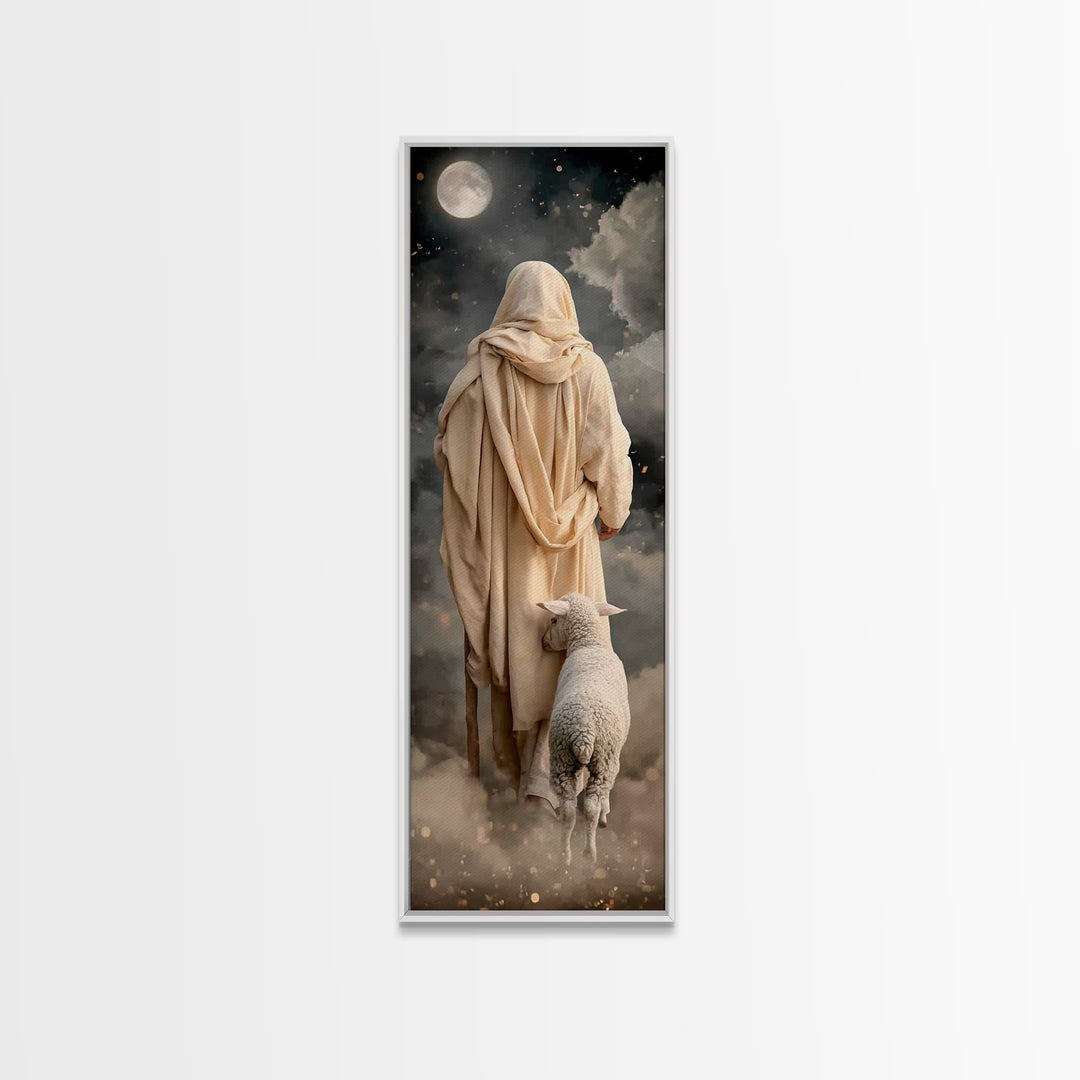 Moonlit Shepherd Walk | Framed Canvas Print | Narrow Art | Christian Wall Art | Jesus Painting | Christian Art Canvas | Christian Art