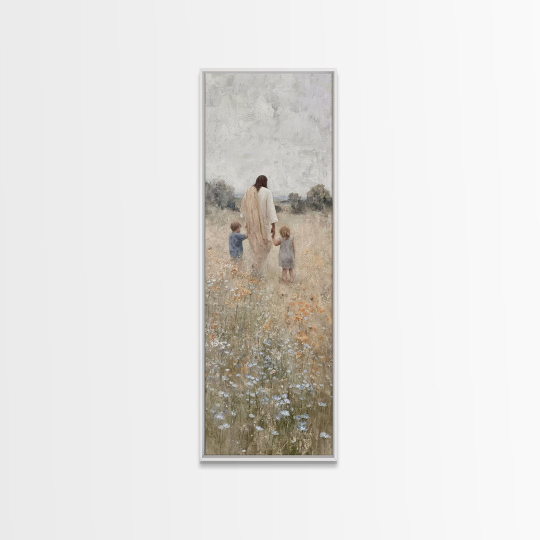 The Meadow Shepherd's Peace - Framed Canvas Print - Tall Narrow Wall Art - Christian Wall Art - Jesus Painting - Christian Art Canvas