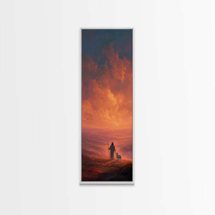 Crimson Sky Shepherd - Framed Canvas Print - Tall Narrow Wall Art - Christian Art - Christian Canvas Art - Jesus Painting - Christian Gift
