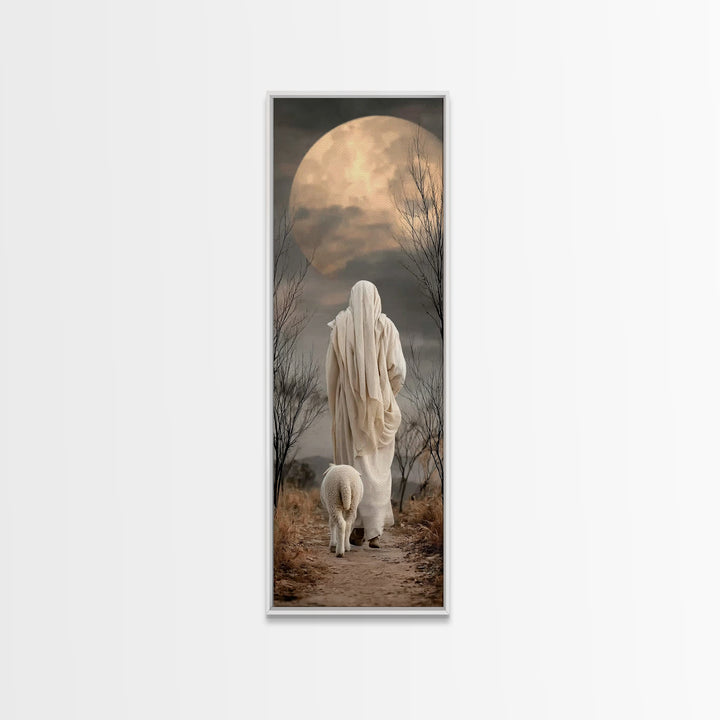 Moonlit Shepherd Peace | Framed Canvas Print | Christian Wall Art | Christian Art Canvas | Jesus Painting | Christian Decor | Tall Narrow W