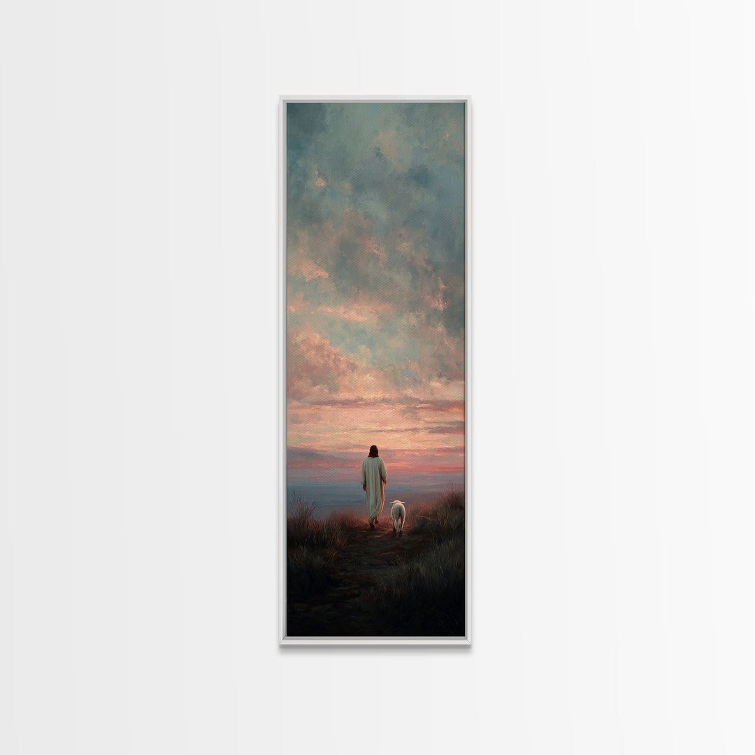 Crimson Dawn Journey | Framed Canvas Print | Christian Art Canvas | Jesus Painting | Christian Wall Art | Christian Christmas Art | Tall Sk
