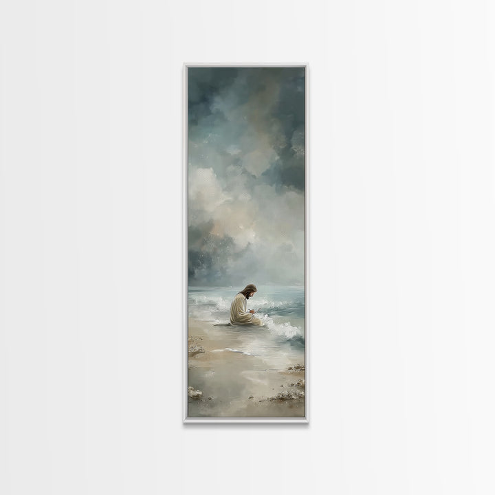 Quiet Shore Prayer - Framed Canvas Print - Skinny Art - Jesus Painting - Christian Art Canvas - Christian Christmas Art - Christian Art