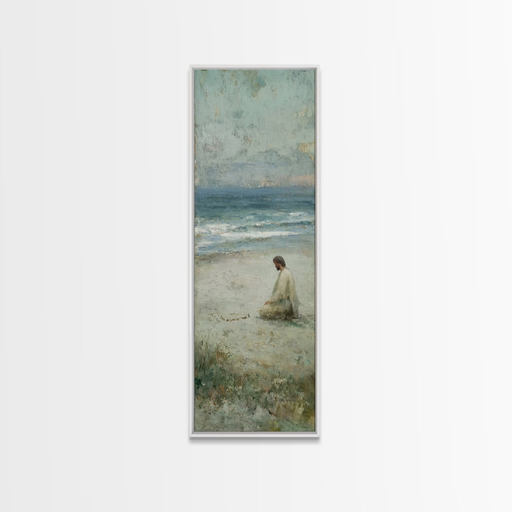 Sacred Shoreline Light - Framed Canvas Print - Tall Skinny Art Print - Christian Art Canvas - Jesus Painting - Christian Wall Art - Faith A