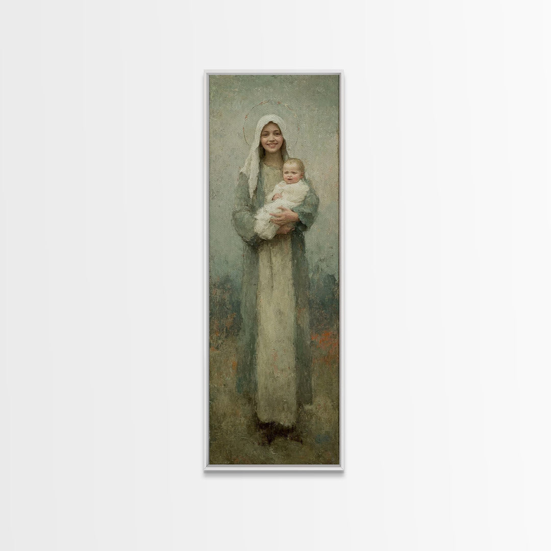 Gentle Embrace Light | Framed Canvas Print | Skinny Art | Christian Art Canvas | Christian Wall Art | Christian Christmas Art | Jesus Art