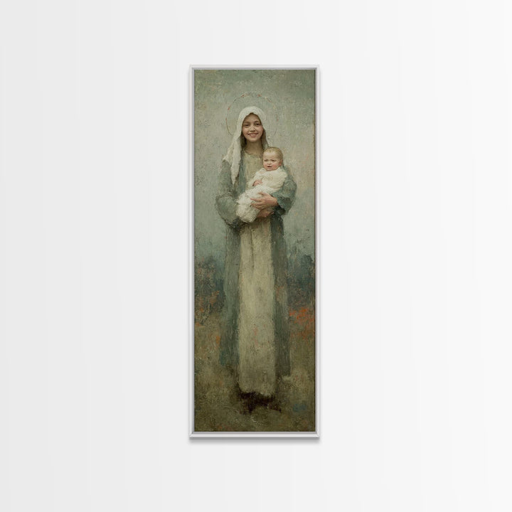 Gentle Embrace Light | Framed Canvas Print | Skinny Art | Christian Art Canvas | Christian Wall Art | Christian Christmas Art | Jesus Art