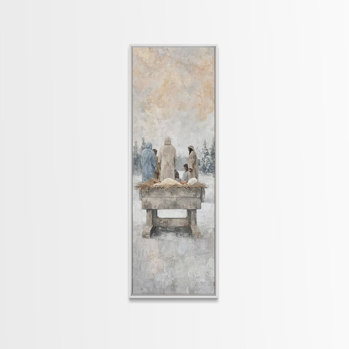 Winter Manger Gathering – Framed Canvas Print – Tall Skinny Art Print – Christian Wall Art – Jesus Painting – Christmas Art – Christian Dec