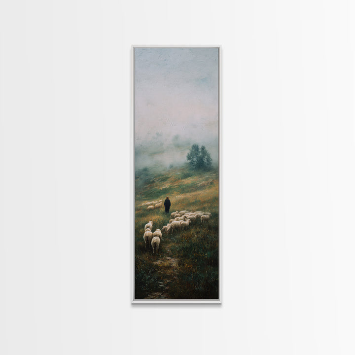 Morning Shepherd Path – Framed Canvas Print – Tall Narrow Wall Art – Christian Art – Jesus Painting – Christian Wall Art – Christian Decor