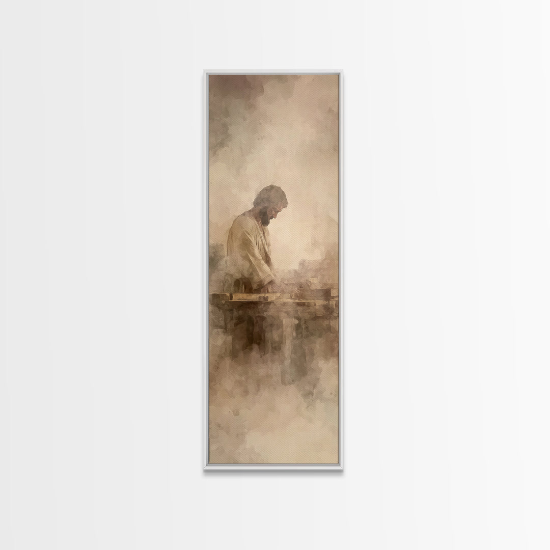 Quiet Carpenter Grace – Framed Canvas Print – Tall Skinny Art Print – Christian Art Canvas – Christian Painting – Christian Wall Art – Mini