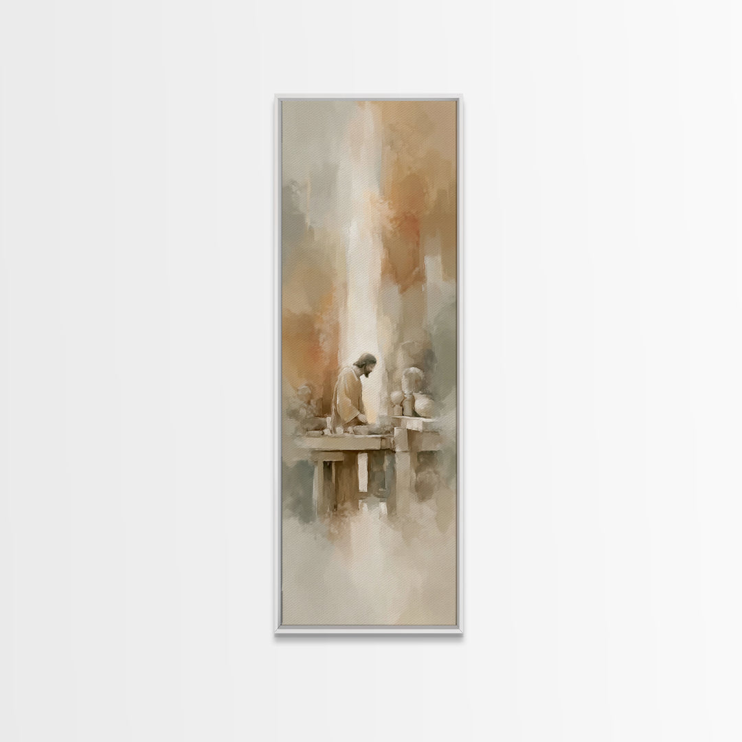 Carpenter’s Devotion, Framed Canvas Print, Tall Narrow Wall Art, Christian Wall Art, Christian Art Canvas, Jesus Painting, Christian Gift