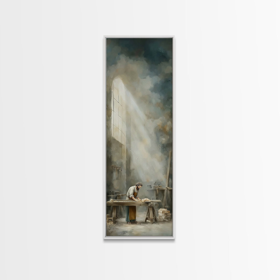 Holy Workshop Glow, Framed Canvas Print, Narrow Art, Christian Art Canvas, Christian Wall Art, Jesus Painting, Moody Christian Art