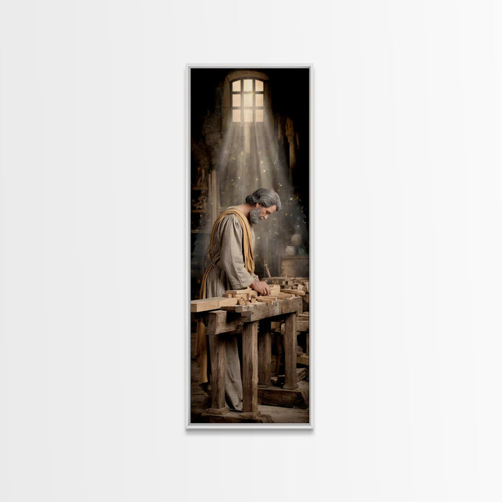 Heavenly Carpenter Grace – Framed Canvas Print – Tall Skinny Art Print – Christian Wall Art – Jesus Painting – Christian Art Canvas – Chris