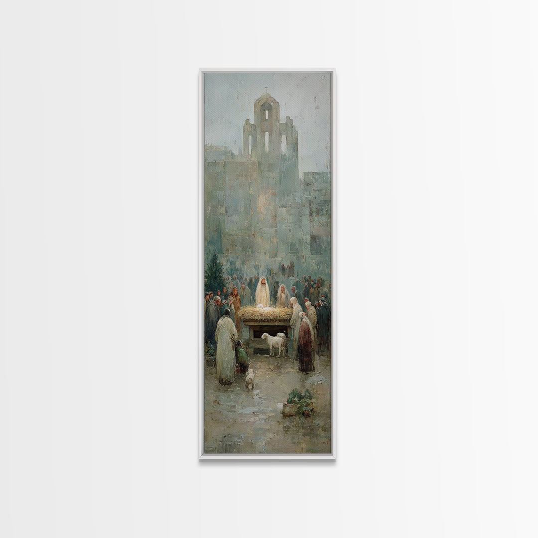 Nativity Town Gathering – Framed Canvas Print – Narrow Art – Christian Art Canvas – Christmas Art – Christian Wall Art – Christian Painting
