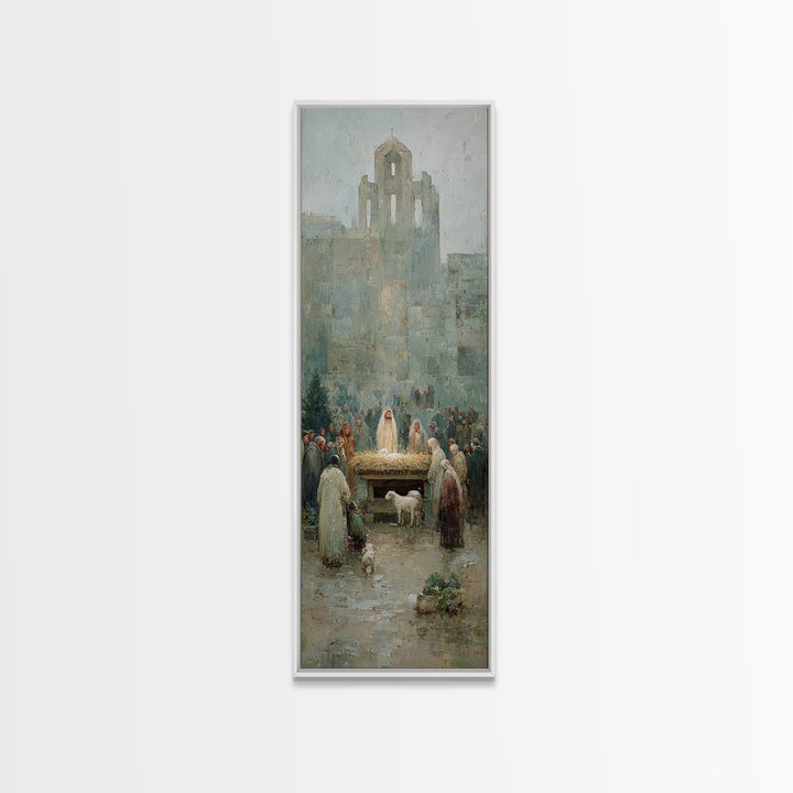Nativity Town Gathering – Framed Canvas Print – Narrow Art – Christian Art Canvas – Christmas Art – Christian Wall Art – Christian Painting