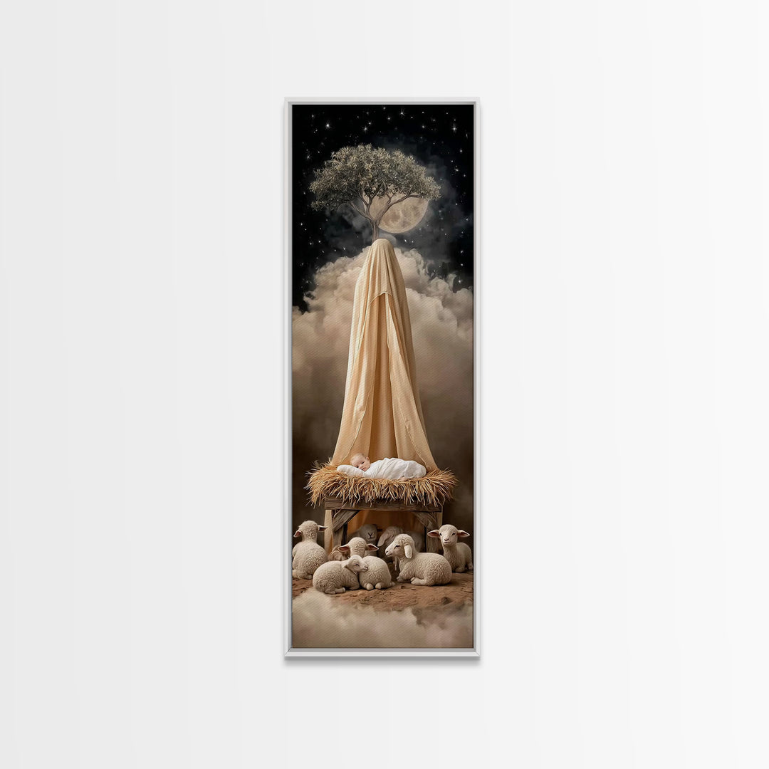 Midnight Manger Wonder – Framed Canvas Print – Skinny Art – Christmas Art – Christian Wall Art – Christian Art Canvas – Jesus Art Print – C