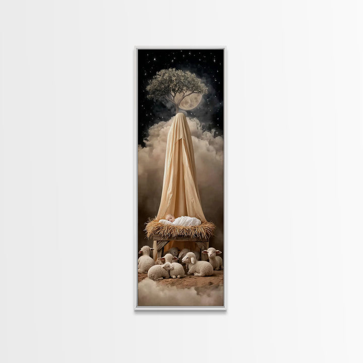 Midnight Manger Wonder – Framed Canvas Print – Skinny Art – Christmas Art – Christian Wall Art – Christian Art Canvas – Jesus Art Print – C