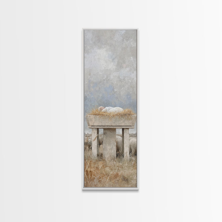 Peaceful Manger Rest – Framed Canvas Print – Narrow Art – Christian Art Canvas – Christian Wall Art – Christmas Art – Christian Painting –