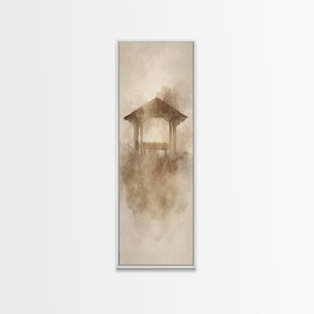 Sacred Manger Stillness – Framed Canvas Print – Tall Narrow Wall Art – Christian Art – Christian Wall Art – Christian Art Canvas – Christma