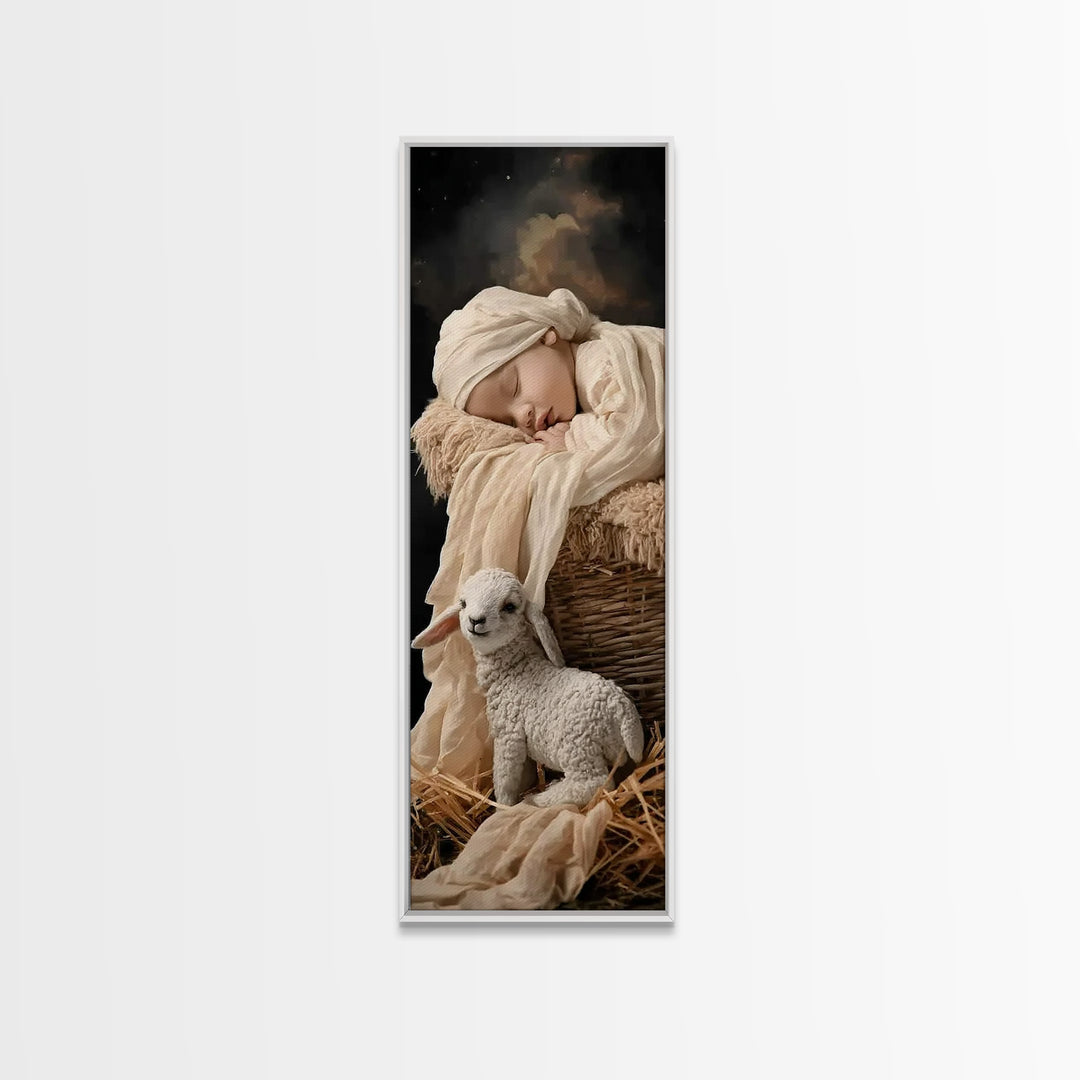 Tender Manger Peace – Framed Canvas Print – Christian Art Print – Christian Christmas Art – Jesus Painting – Narrow Art