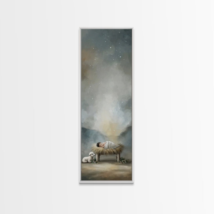 Divine Stable Glow – Framed Canvas Print – Christian Art – Jesus Painting – Christian Christmas Art – Tall Skinny Art Print