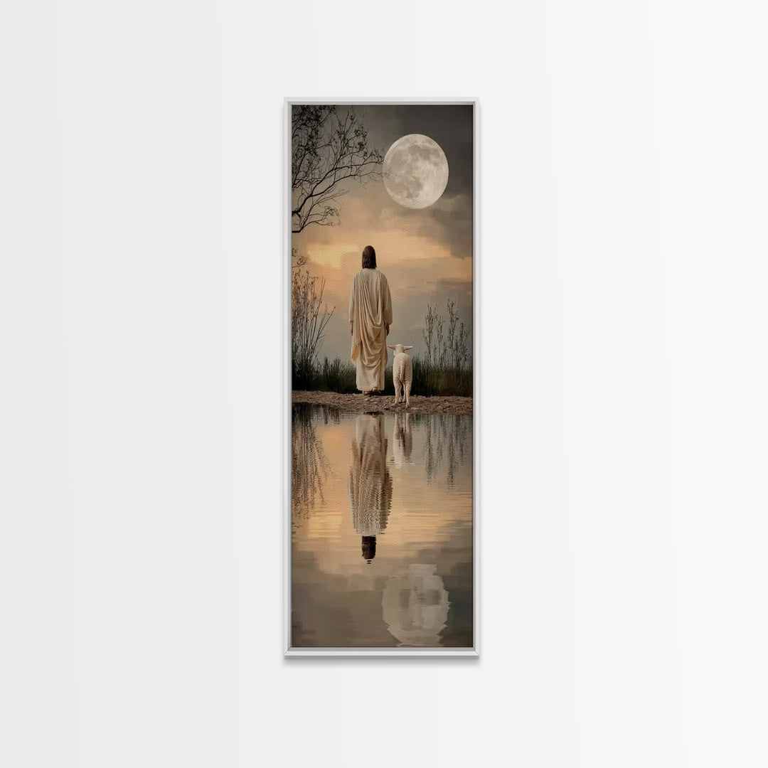 Moonlit Savior Path – Framed Canvas Print – Jesus Painting – Christian Art Canvas – Christian Wall Art – Skinny Art – Christian Art
