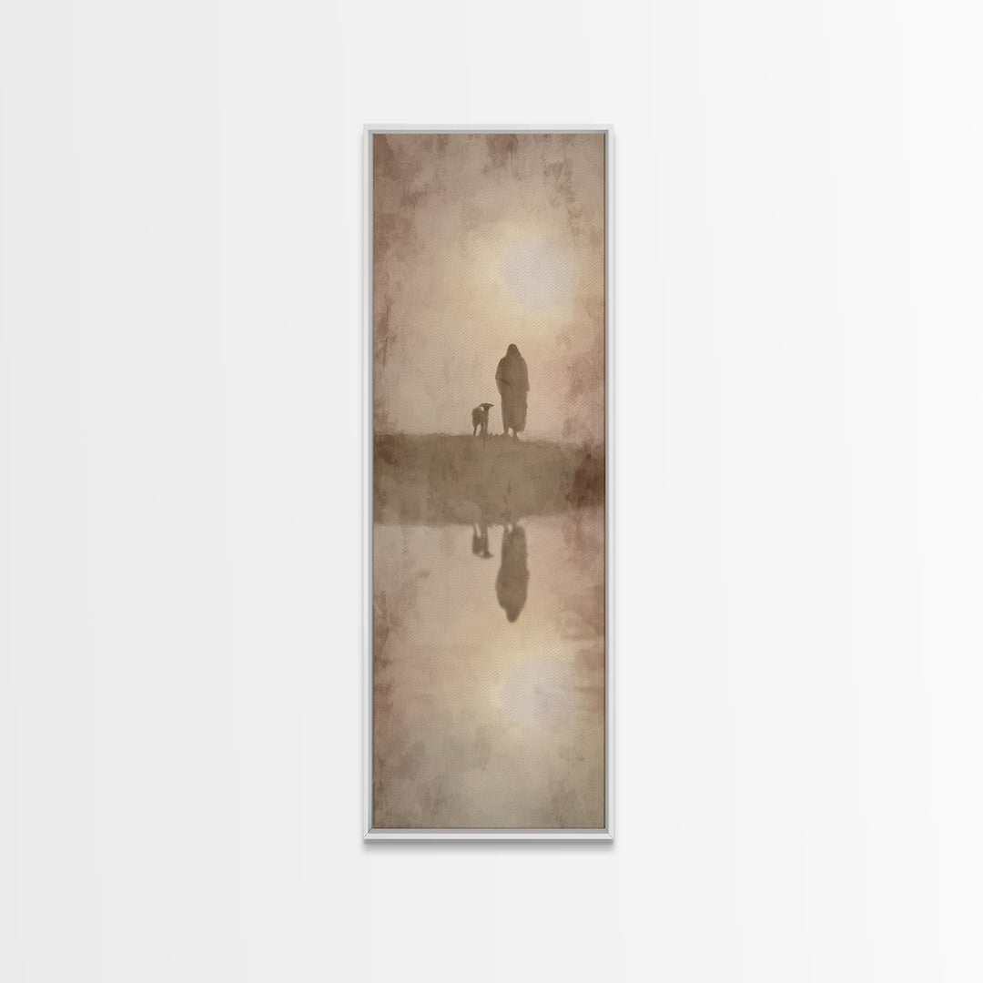 Silent Shepherd Walk – Framed Canvas Print – Christian Art Canvas – Christian Wall Art – Jesus Painting – Tall Skinny Art Print – Christian