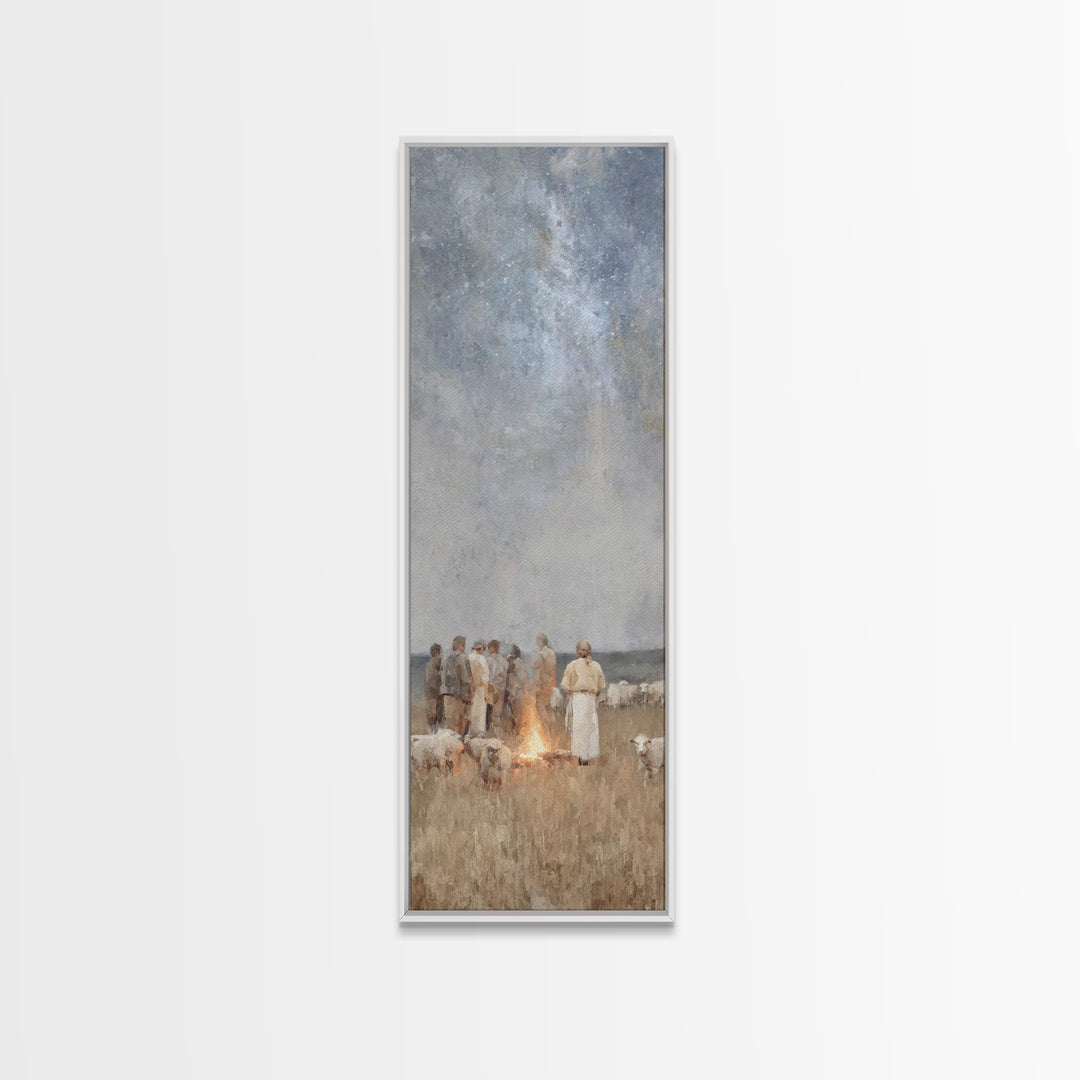 Shepherds By Firelight,Framed Canvas Print,Christian Wall Art,Tall Narrow Wall Art,Christian Paintings,Christmas Wall Art,Jesus Art Canvas