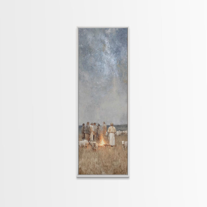 Shepherds By Firelight,Framed Canvas Print,Christian Wall Art,Tall Narrow Wall Art,Christian Paintings,Christmas Wall Art,Jesus Art Canvas