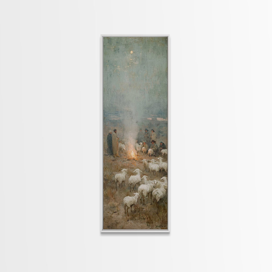 Moonlit Shepherd Circle | Framed Canvas Print | Christian Art Canvas | Christian Wall Art | Jesus Painting | Skinny Art | Christian Christm