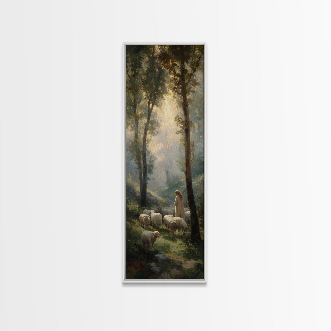 Shepherd’s Morning Calm, Framed Canvas Print, Christian Wall Art, Christian Art Canvas, Christmas Art, Tall Skinny Art Print, Christian Chr
