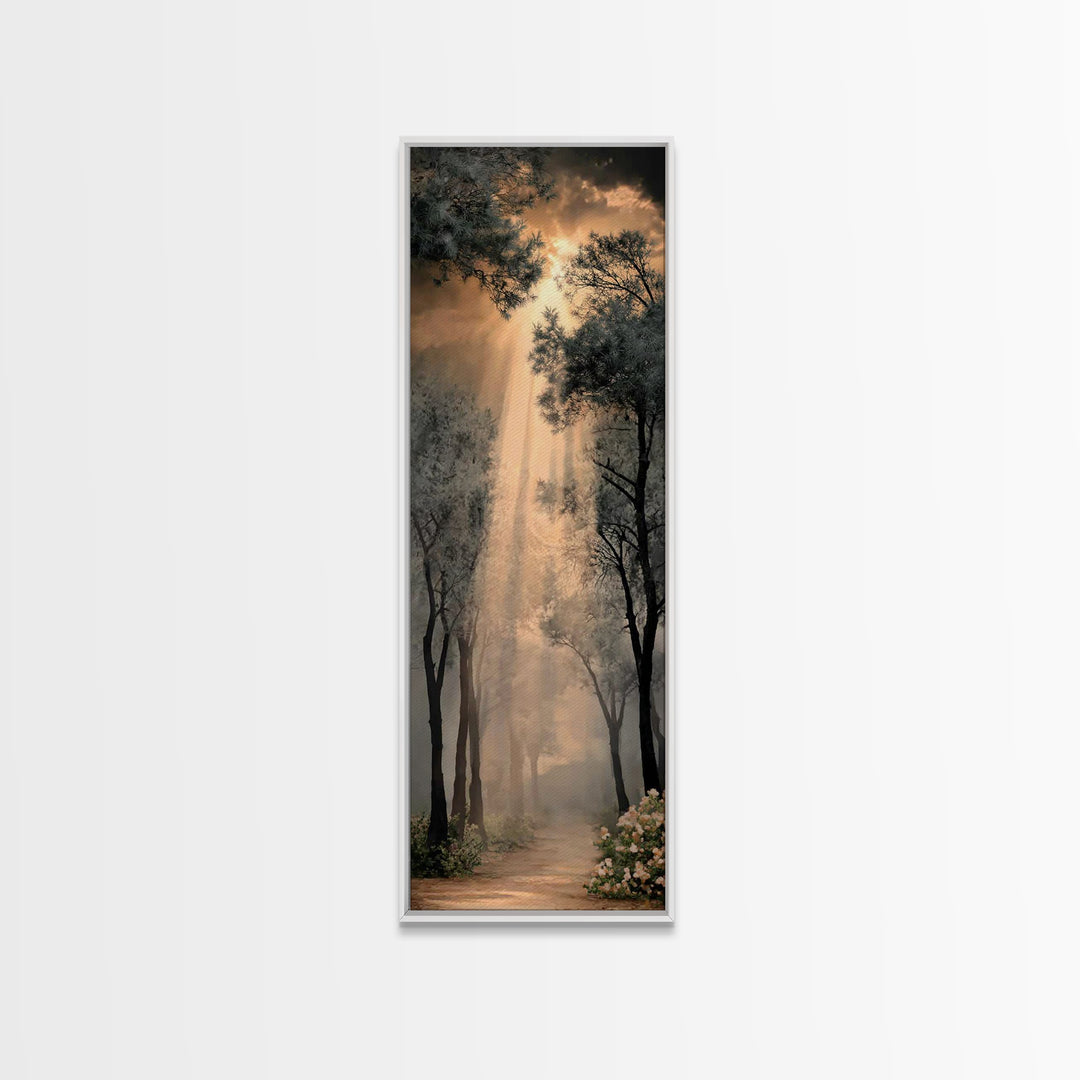 Radiant Forest Glow | Framed Canvas Print | Christian Wall Art | Christian Art Canvas | Tall Narrow Wall Art | Christian Art Print | Christ