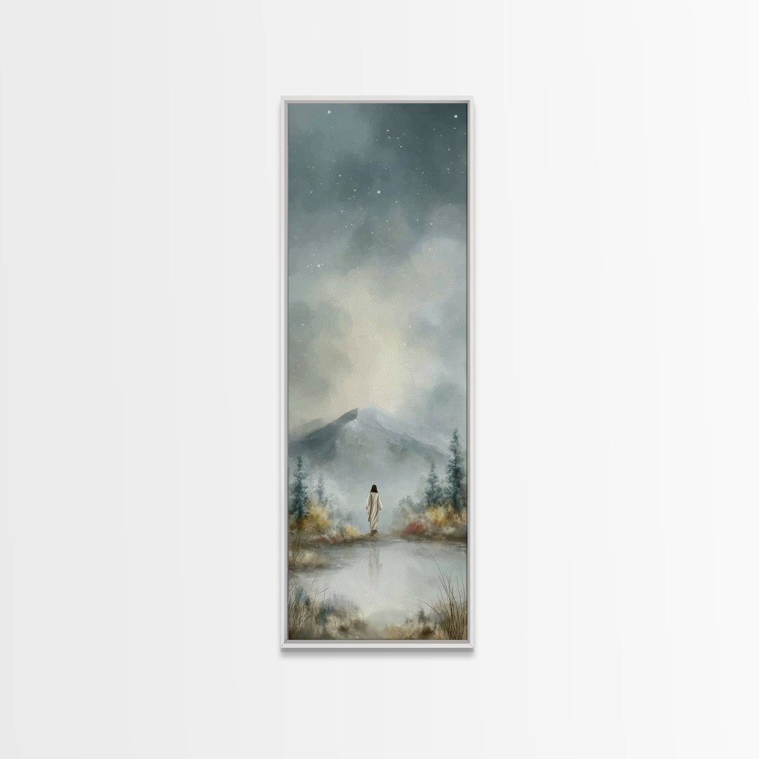 Heavenly Mountain Peace – Framed Canvas Print – Christian Art – Christmas Wall Art – Narrow Art – Jesus Painting