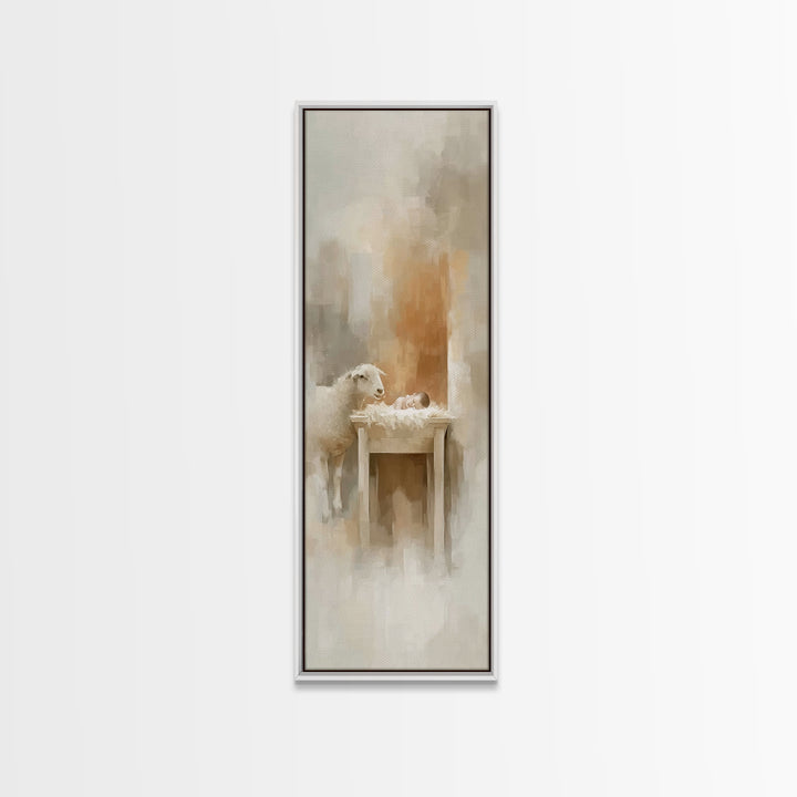 Gentle Manger Love, Framed Canvas Print, Christian Art Canvas, Jesus Painting, Tall Narrow Wall Art, Christian Christmas Art, Christian Wal