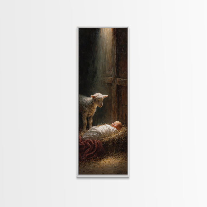 Holy Manger Light – Framed Canvas Print – Christian Wall Art – Christian Art Canvas – Jesus Painting – Tall Narrow Wall Art
