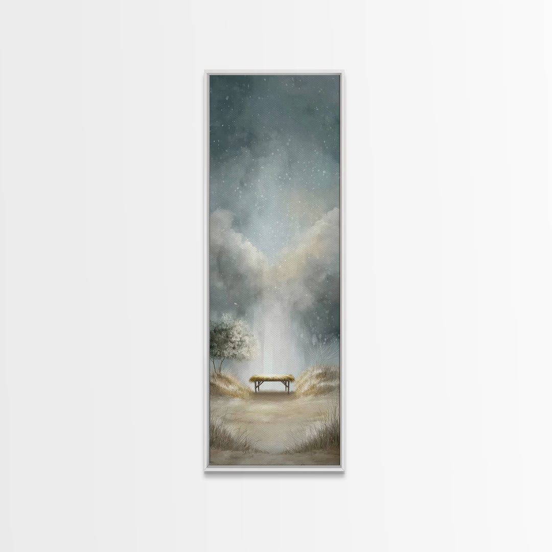 Winter Manger Light – Framed Canvas Print – Christmas Art – Christian Christmas Art – Christian Wall Art – Tall Narrow Wall Art