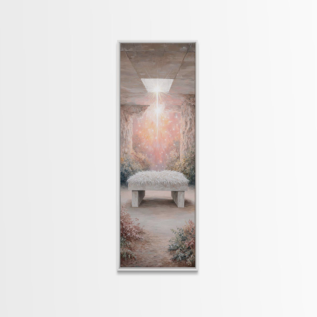 Holy Cradle Glow – Framed Canvas Print – Christian Wall Art – Christian Art Canvas – Christmas Art – Narrow Art
