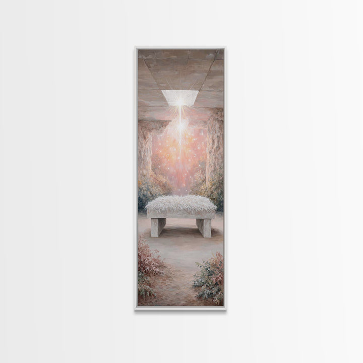Holy Cradle Glow – Framed Canvas Print – Christian Wall Art – Christian Art Canvas – Christmas Art – Narrow Art